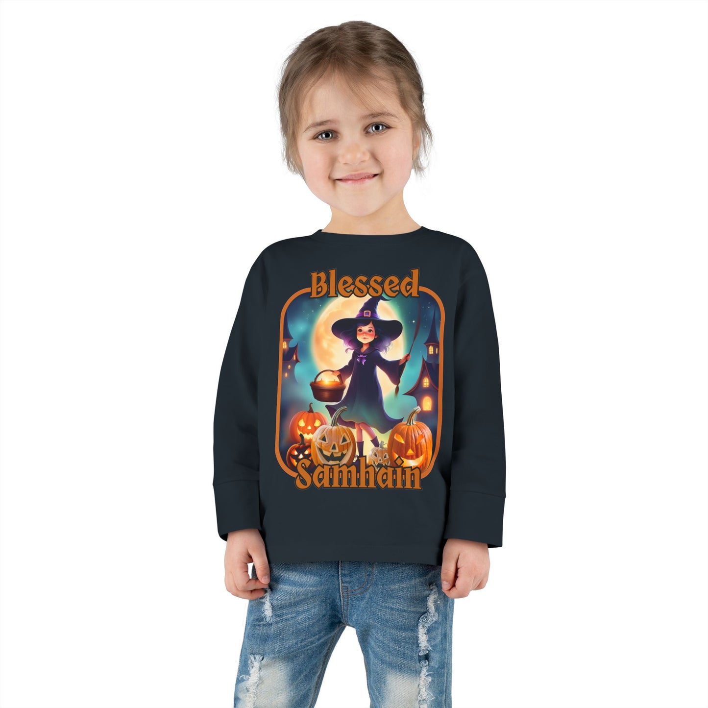 Blessed Samhain Little Witch Orange font Toddler Long Sleeve Tee by CreepyCrafts.boo