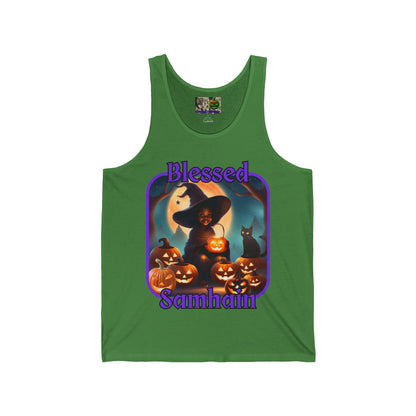 Blessed Samhain Cute Witch Purple font Unisex Jersey Tank Top by CreepyCrafts.boo
