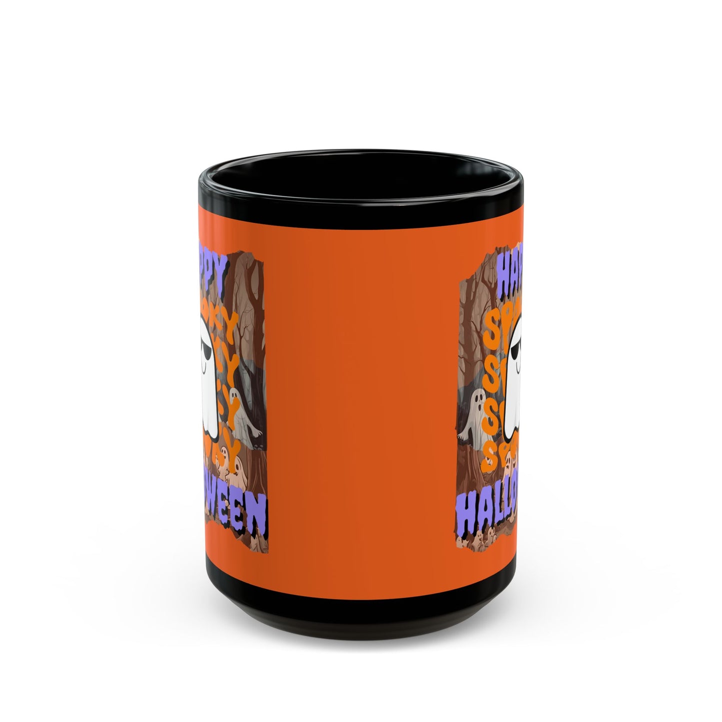Spooky Happy Halloween Ghost Purple font Orange Mug by CreepyCrafts.boo