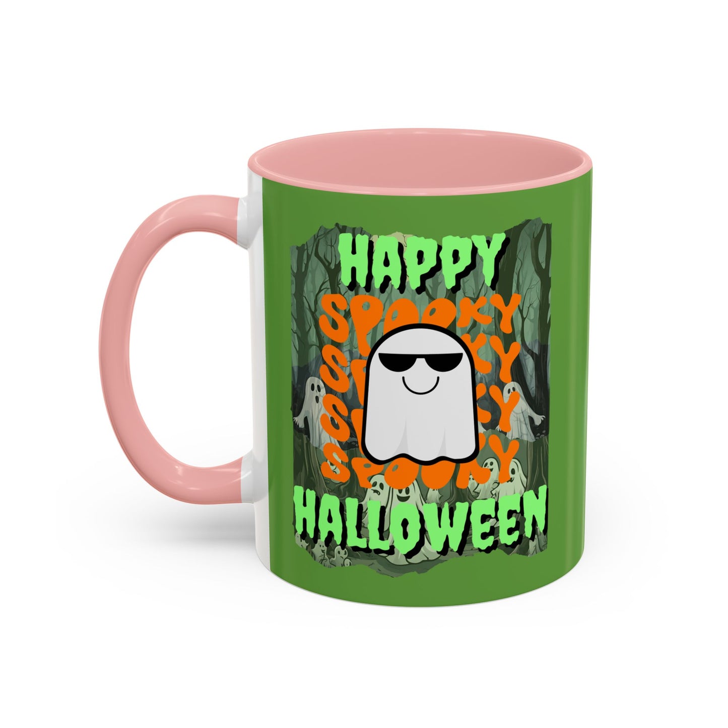 Spooky Happy Halloween Ghost Green font Green Accent Mug by CreepyCrafts.boo