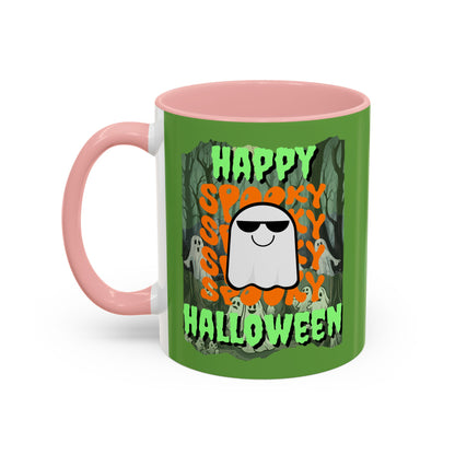 Spooky Happy Halloween Ghost Green font Green Accent Mug by CreepyCrafts.boo
