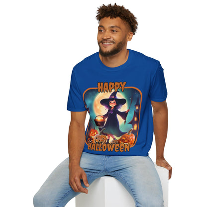 Happy Halloween Little Witch Orange font, Dark colors, Unisex T-Shirt by CreepyCrafts.boo