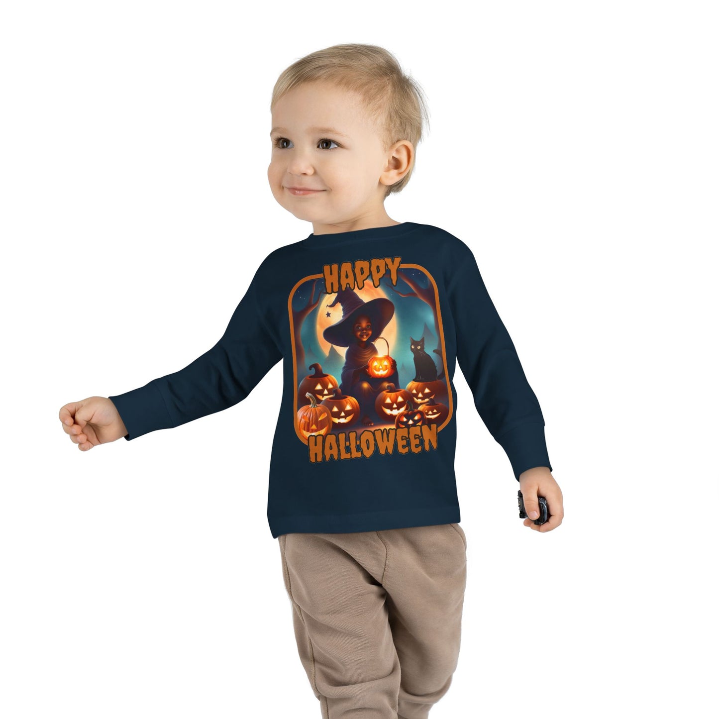 Happy Halloween Cute Witch Orange font Toddler Long Sleeve Tee by CreepyCrafts.boo