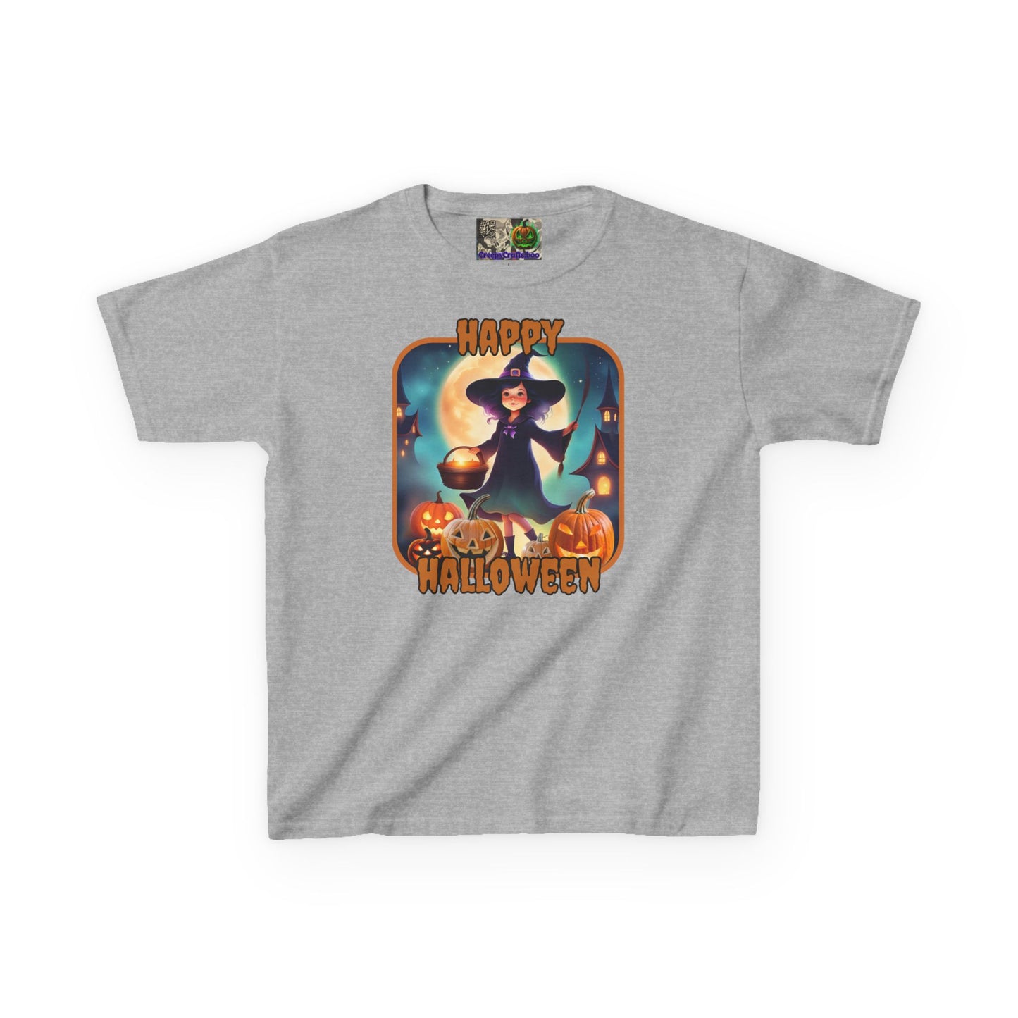 Happy Halloween Little Witch Orange font Kids Heavy Cotton™ Tee by CreepyCrafts.boo
