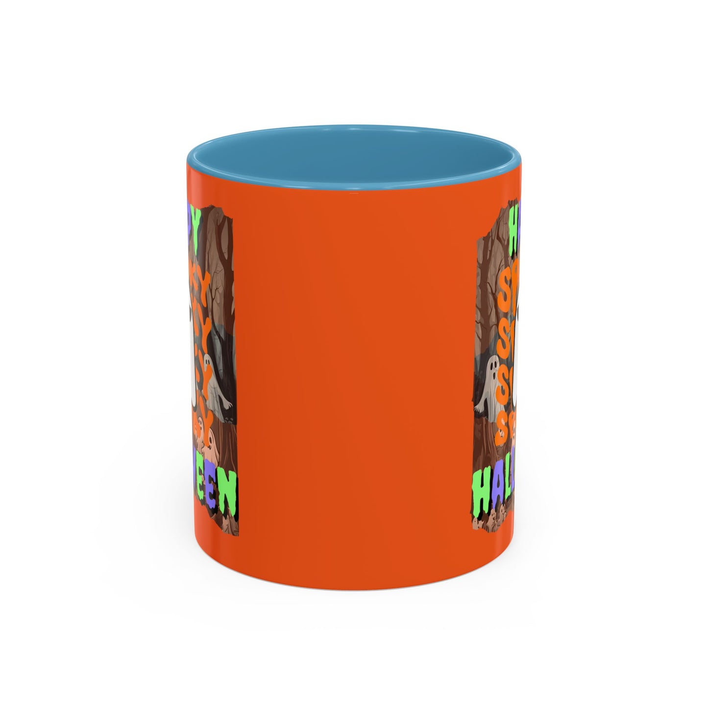 Spooky Happy Halloween Ghost Mixed font Orange Accent Mug by CreepyCrafts.boo