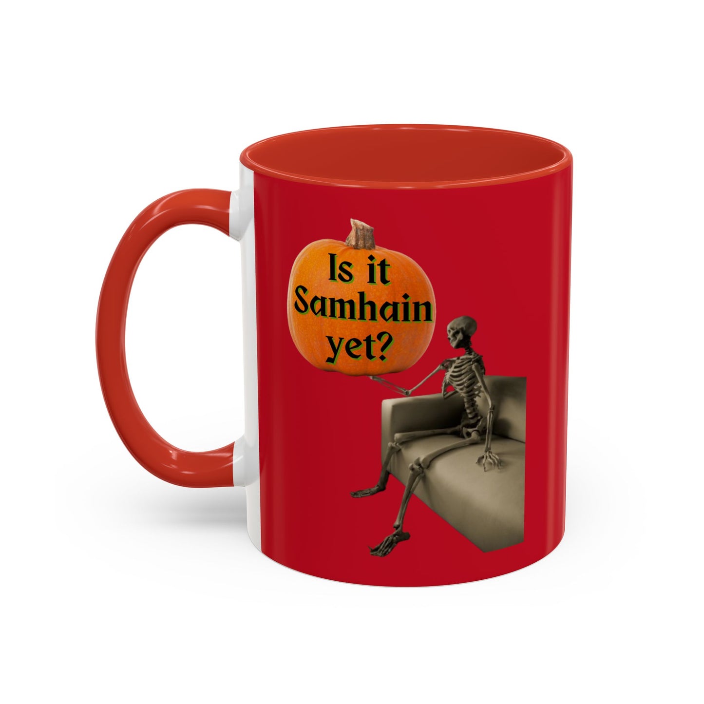 Is it Samhain yet? Skeleton's Pumpkin Red Accent Mug by CreepyCrafts.boo