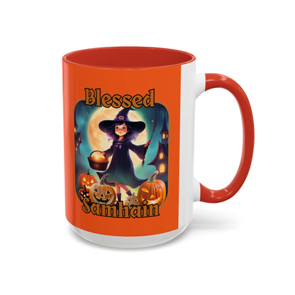 Blessed Samhain Little Witch Orange font Orange Accent Mug by CreepyCrafts.boo