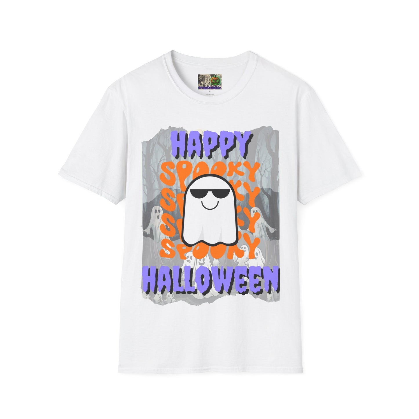 Spooky Happy Halloween Ghost Light colors Purple font Unisex T-Shirt by CreepyCrafts.boo