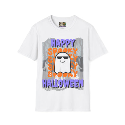 Spooky Happy Halloween Ghost Light colors Purple font Unisex T-Shirt by CreepyCrafts.boo