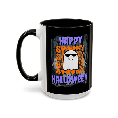 Spooky Happy Halloween Ghost Purple font Black Accent Mug by CreepyCrafts.boo