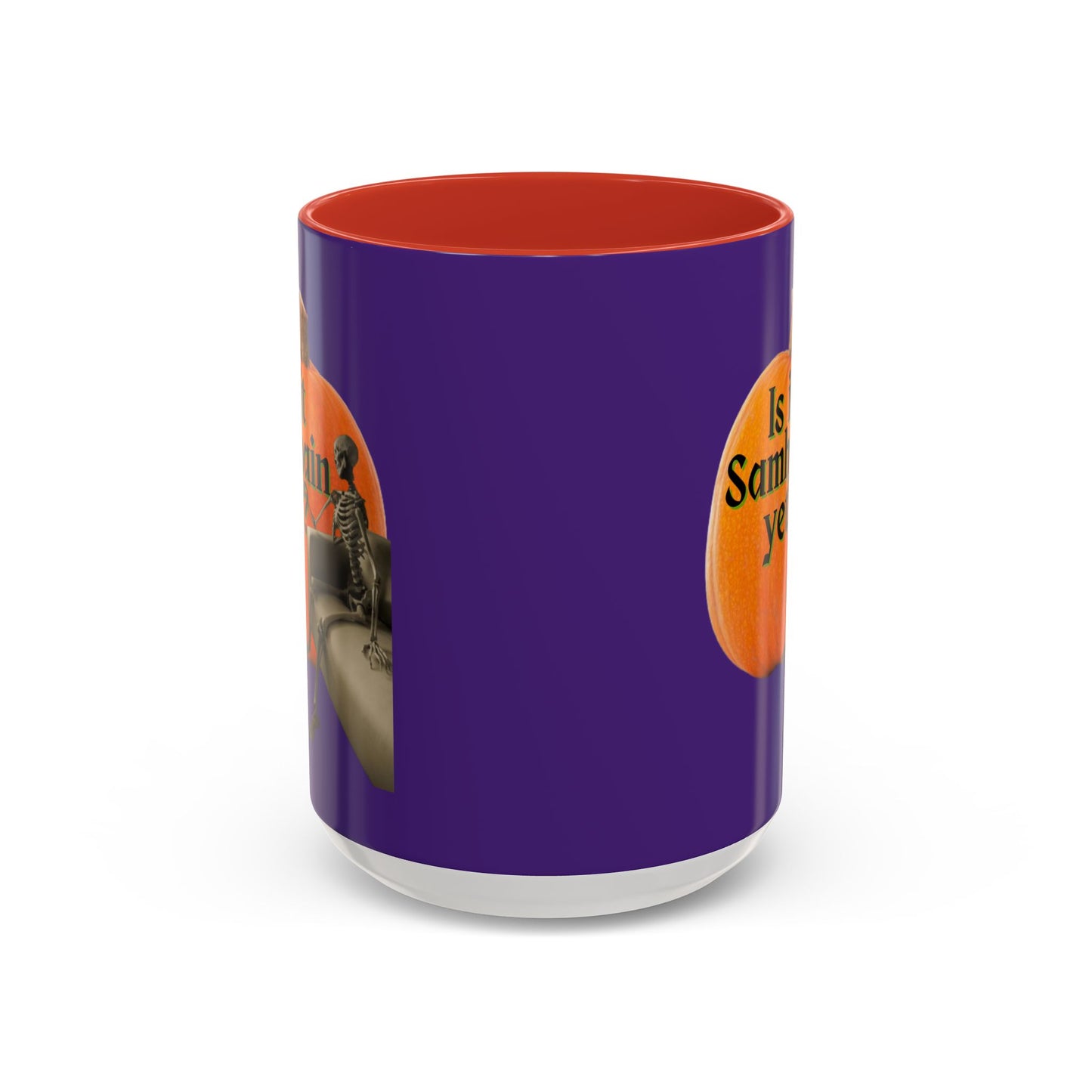 Is It Samhain Yet? Skeleton's Giant Pumpkin Purple Accent Mug by CreepyCrafts.boo
