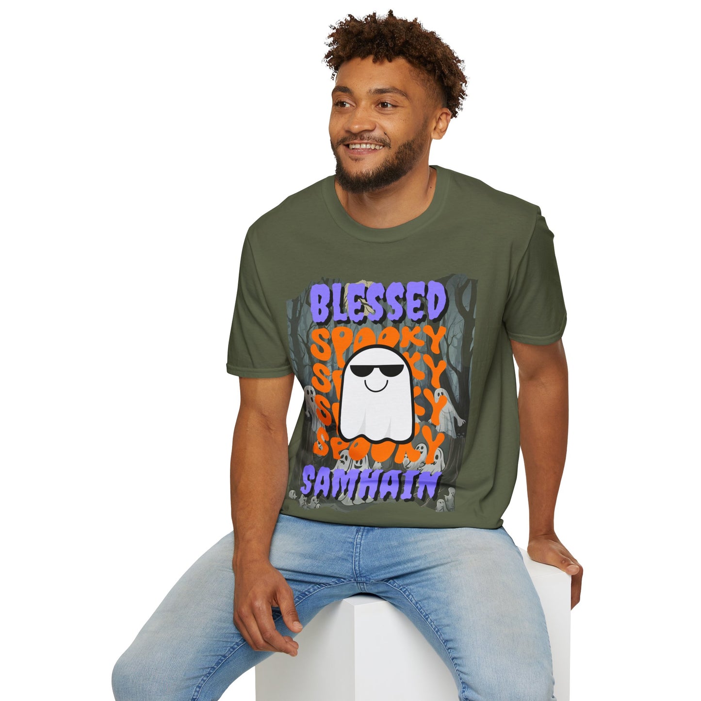 Spooky Blessed Samhain Ghost Purple font Unisex T-Shirt by CreepyCrafts.boo