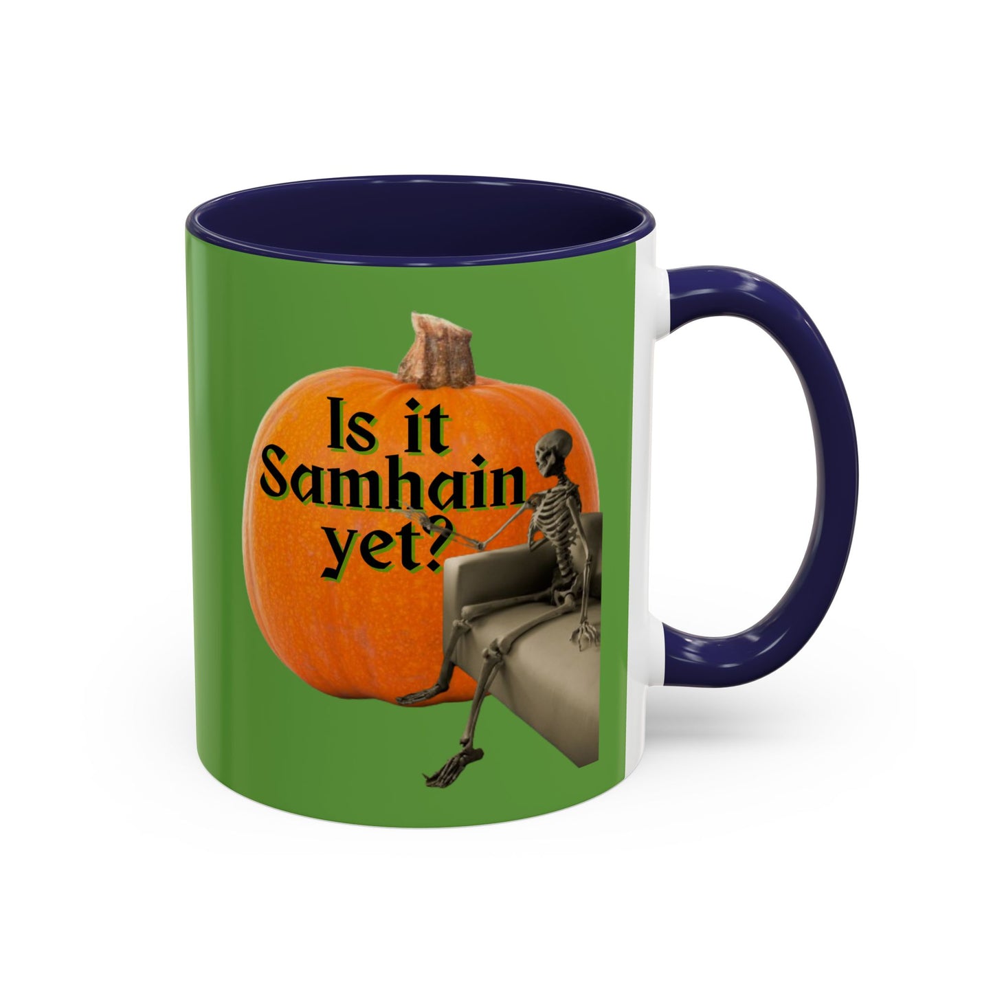 Is It Samhain Yet? Skeleton's Giant Pumpkin Green Accent Mug by CreepyCrafts.boo