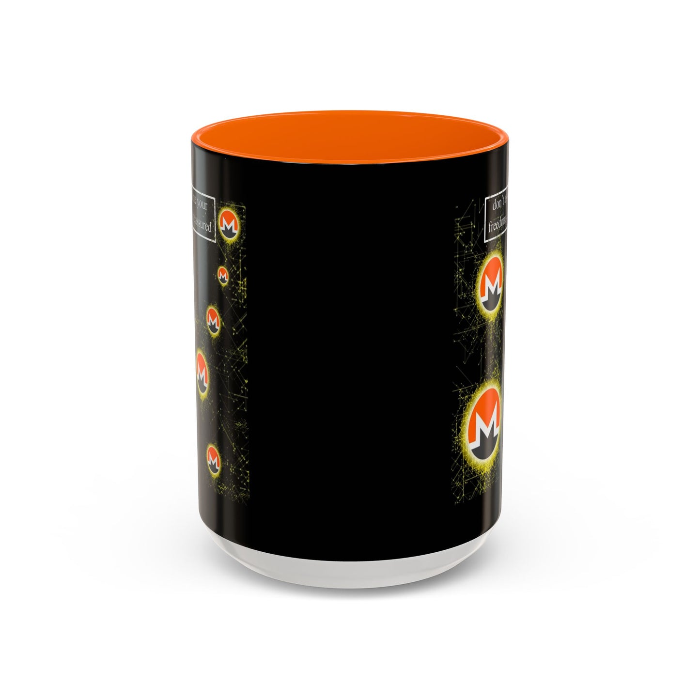 Monero (XMR) don't assume your freedoms are assured Black Accent Mug by cypherpunkgear.com