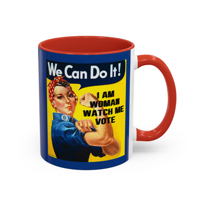 I Am Woman Watch Me Vote Rosie Dark Blue Accent Mug by cypherpunkgear.com