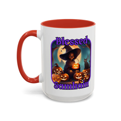 Blessed Samhain Cute Witch Purple font White Accent Mug by CreepyCrafts.boo