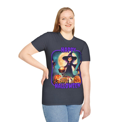 Happy Halloween Little Witch Purple font, Dark colors, Unisex T-Shirt by CreepyCrafts.boo