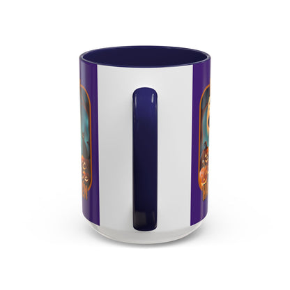 Happy Halloween Cute Witch Orange font Purple Accent Mug by CreepyCrafts.boo