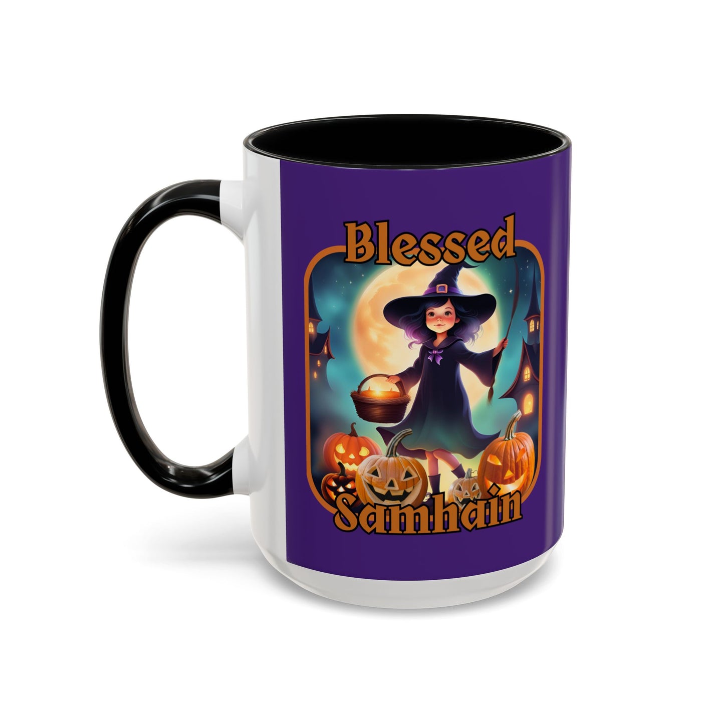 Blessed Samhain Little Witch Orange font Purple Accent Mug by CreepyCrafts.boo
