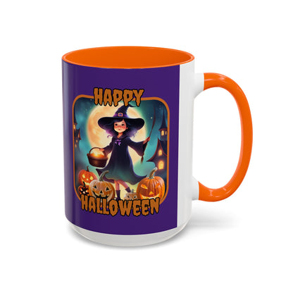 Happy Halloween Little Witch Orange font Purple Accent Mug by CreepyCrafts.boo