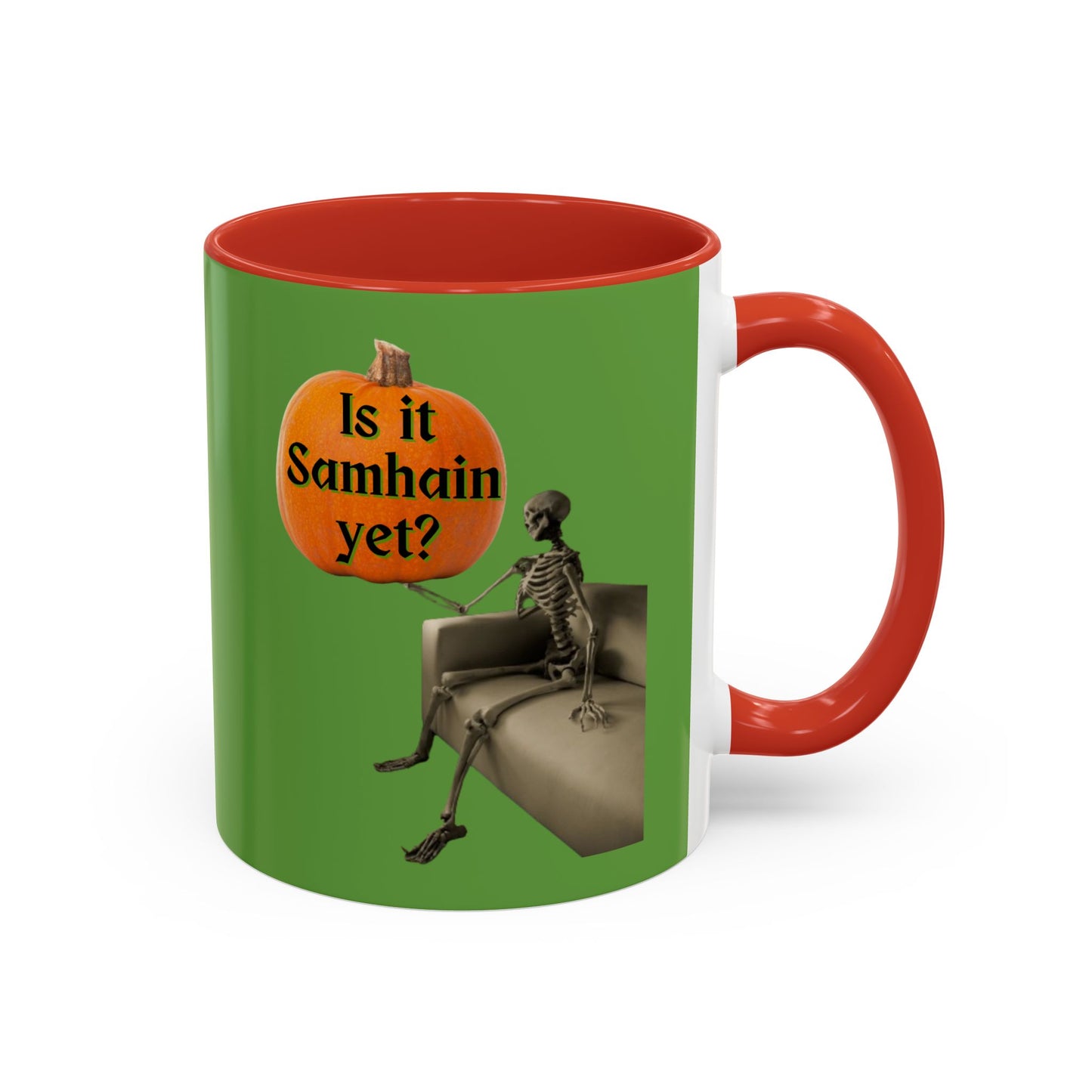 Is it Samhain yet? Skeleton's Pumpkin Green Accent Mug by CreepyCrafts.boo