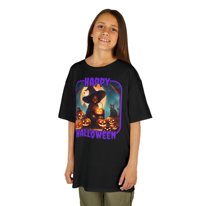 Happy Halloween Cute Witch Purple font Kids Heavy Cotton™ Tee by CreepyCrafts.boo