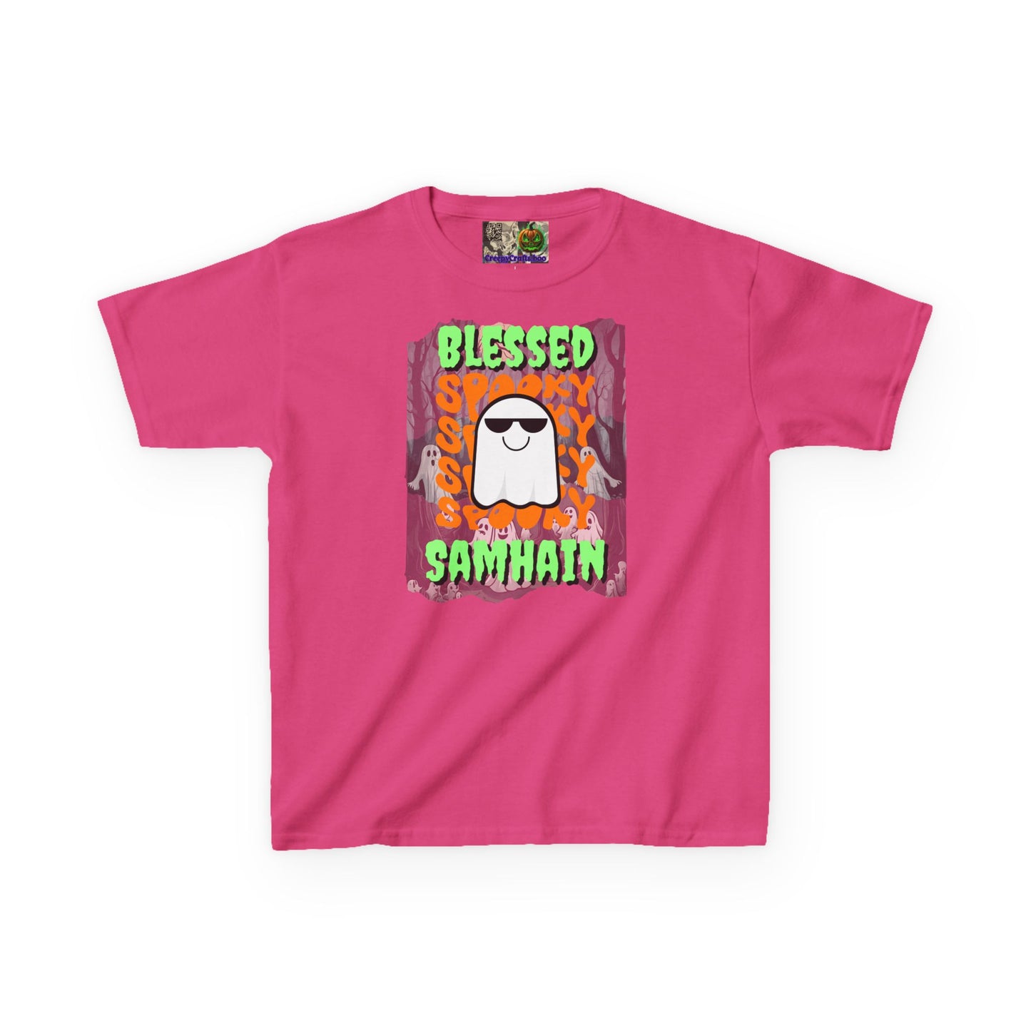 Spooky Blessed Samhain Ghost Green font Kids Heavy Cotton™ Tee by CreepyCrafts.boo