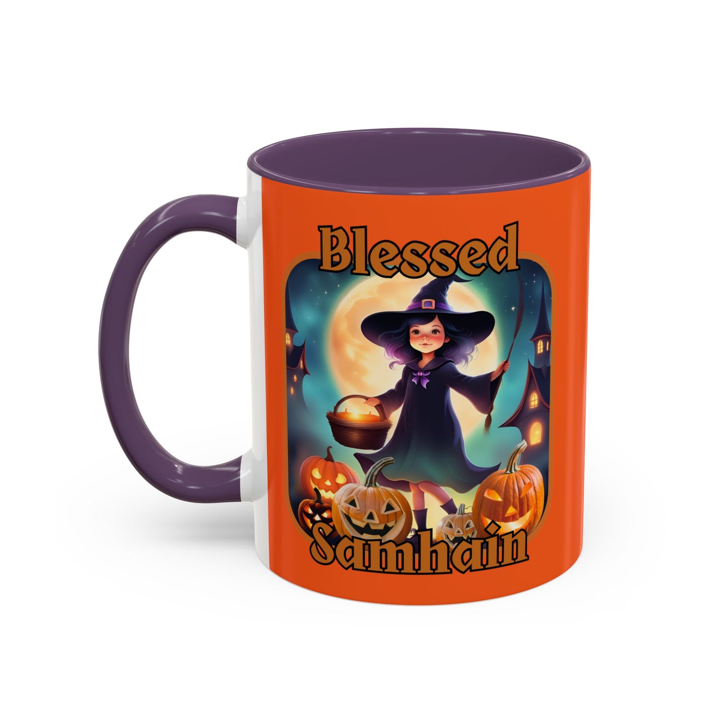 Blessed Samhain Little Witch Orange font Orange Accent Mug by CreepyCrafts.boo
