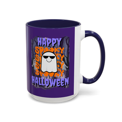 Spooky Happy Halloween Ghost Purple font Purple Accent Mug by CreepyCrafts.boo