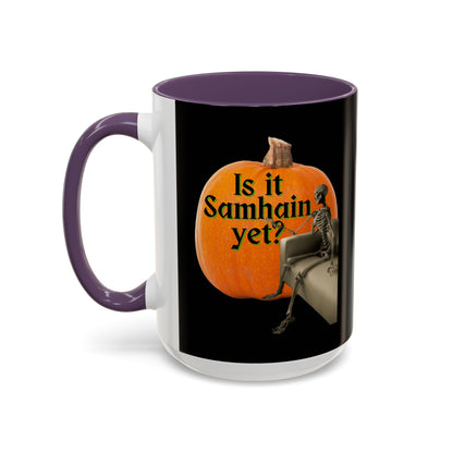 Is It Samhain Yet? Skeleton's Giant Pumpkin Black Accent Mug by CreepyCrafts.boo