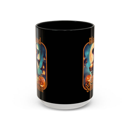 Blessed Samhain Little Witch Orange font Black Accent Mug by CreepyCrafts.boo