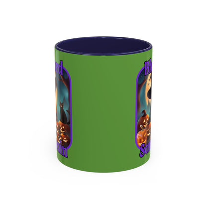 Blessed Samhain Cute Witch Purple font Green Accent Mug by CreepyCrafts.boo