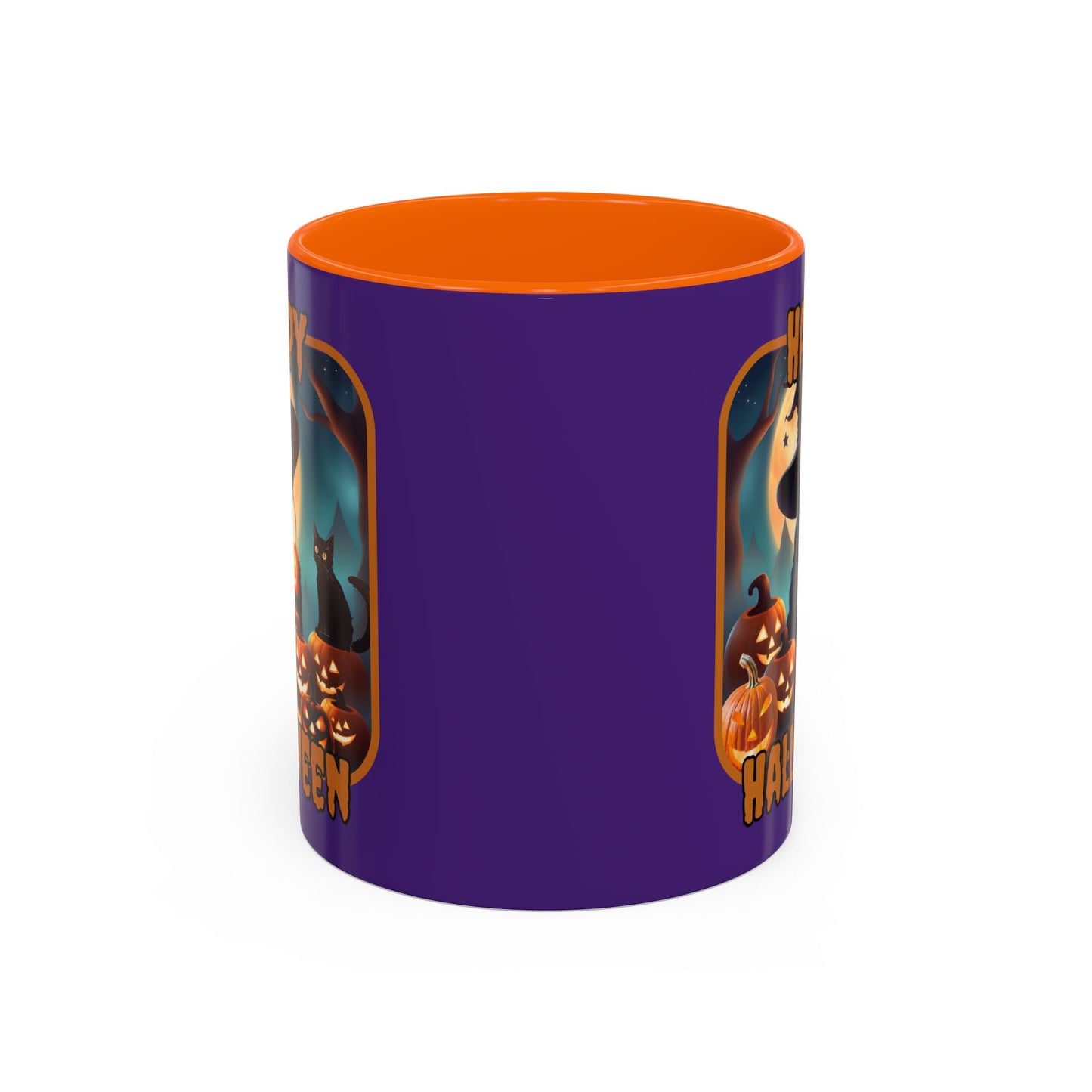 Happy Halloween Cute Witch Orange font Purple Accent Mug by CreepyCrafts.boo