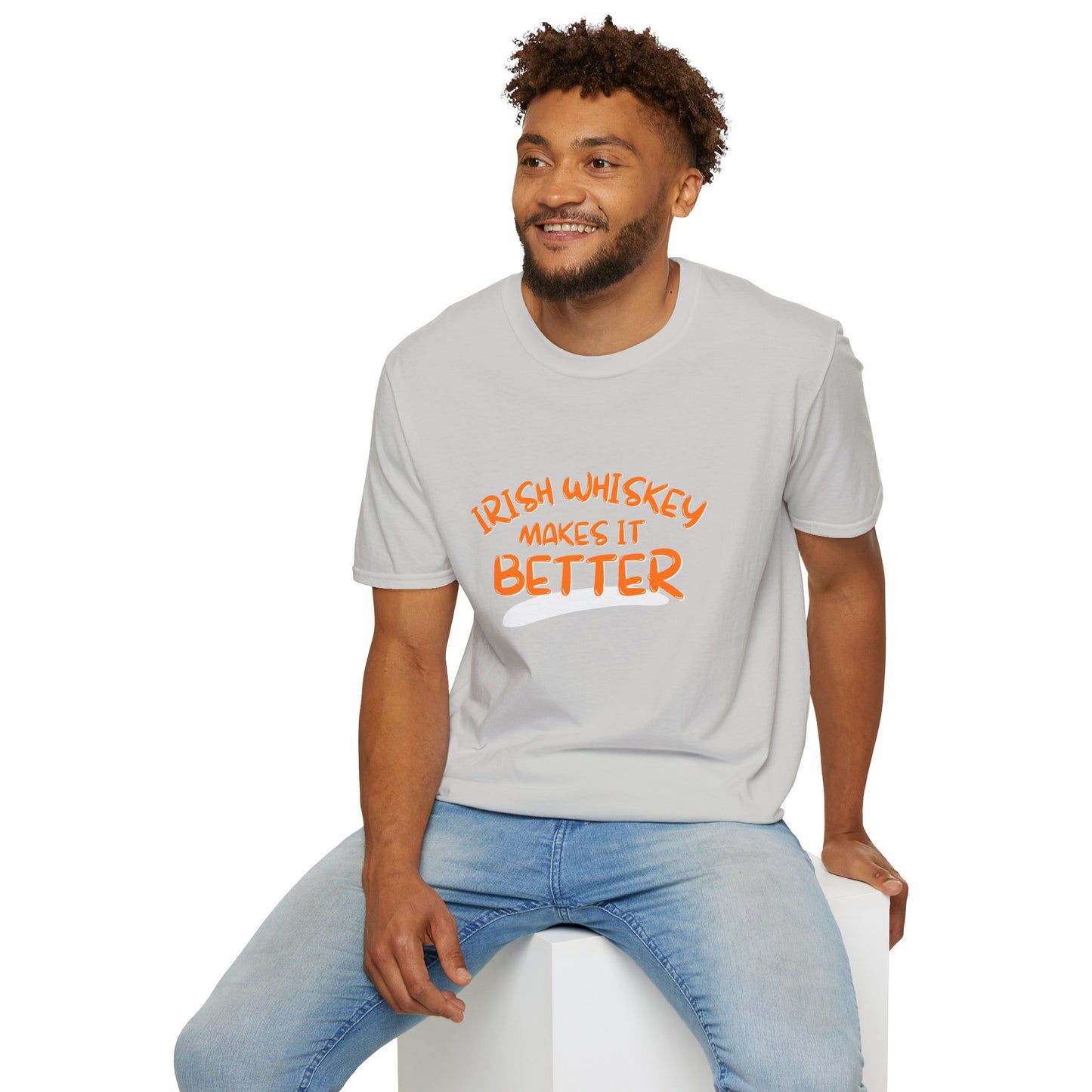 Irish Whiskey makes it better Orange font Light colors Unisex T-Shirt by cypherpunkgear.com