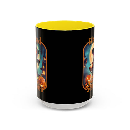 Blessed Samhain Little Witch Orange font Black Accent Mug by CreepyCrafts.boo