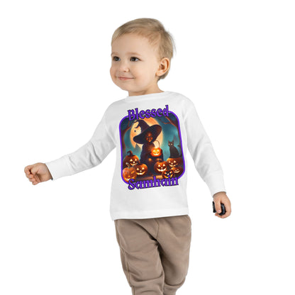 Blessed Samhain Cute Witch Purple font Toddler Long Sleeve Tee by CreepyCrafts.boo