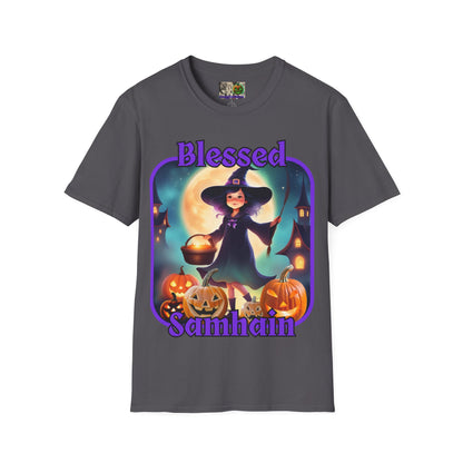 Blessed Samhain Little Witch Purple font Dark colors Unisex T-Shirt by CreepyCrafts.boo