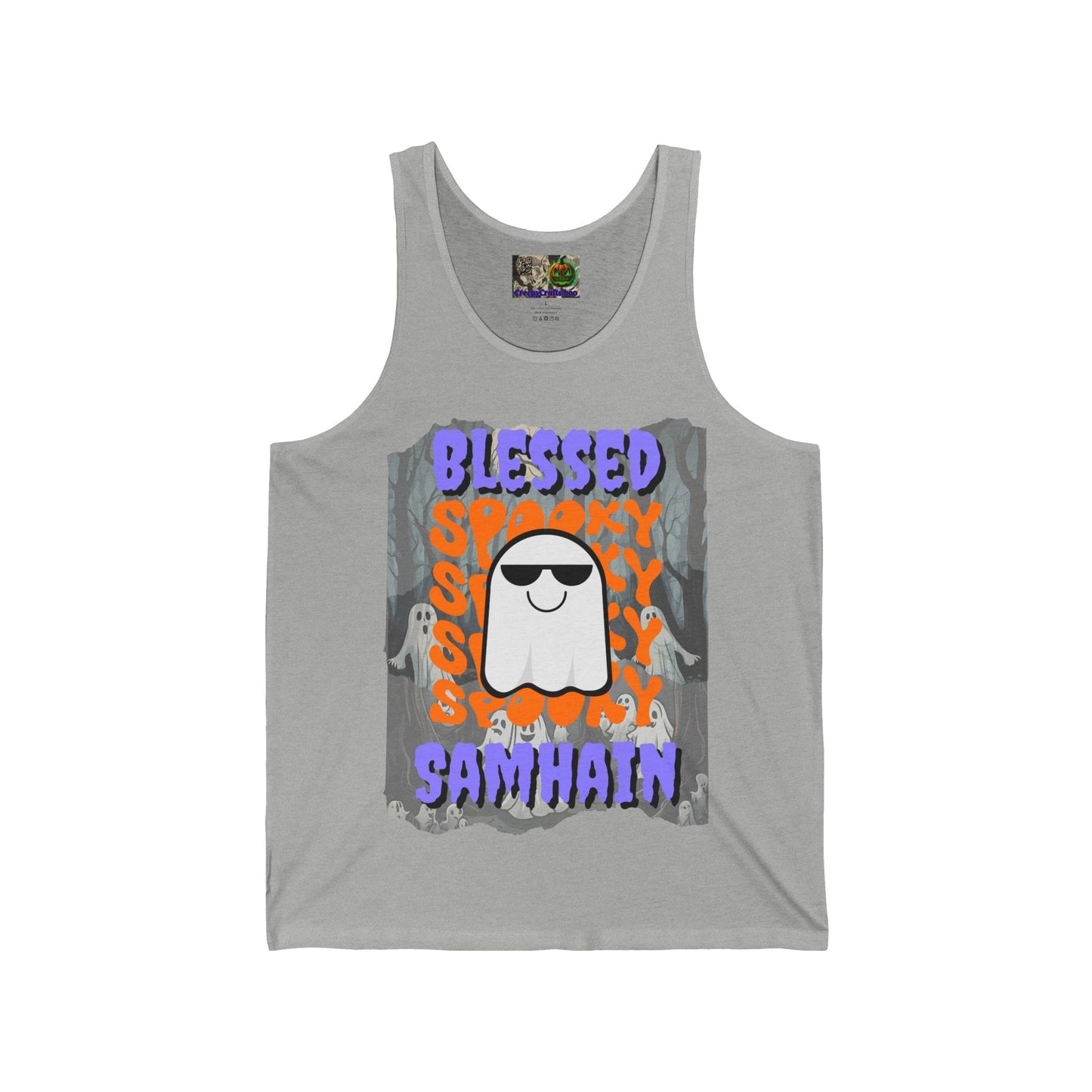 Spooky Blessed Samhain Ghost Purple font Unisex Jersey Tank Top by CreepyCrafts.boo
