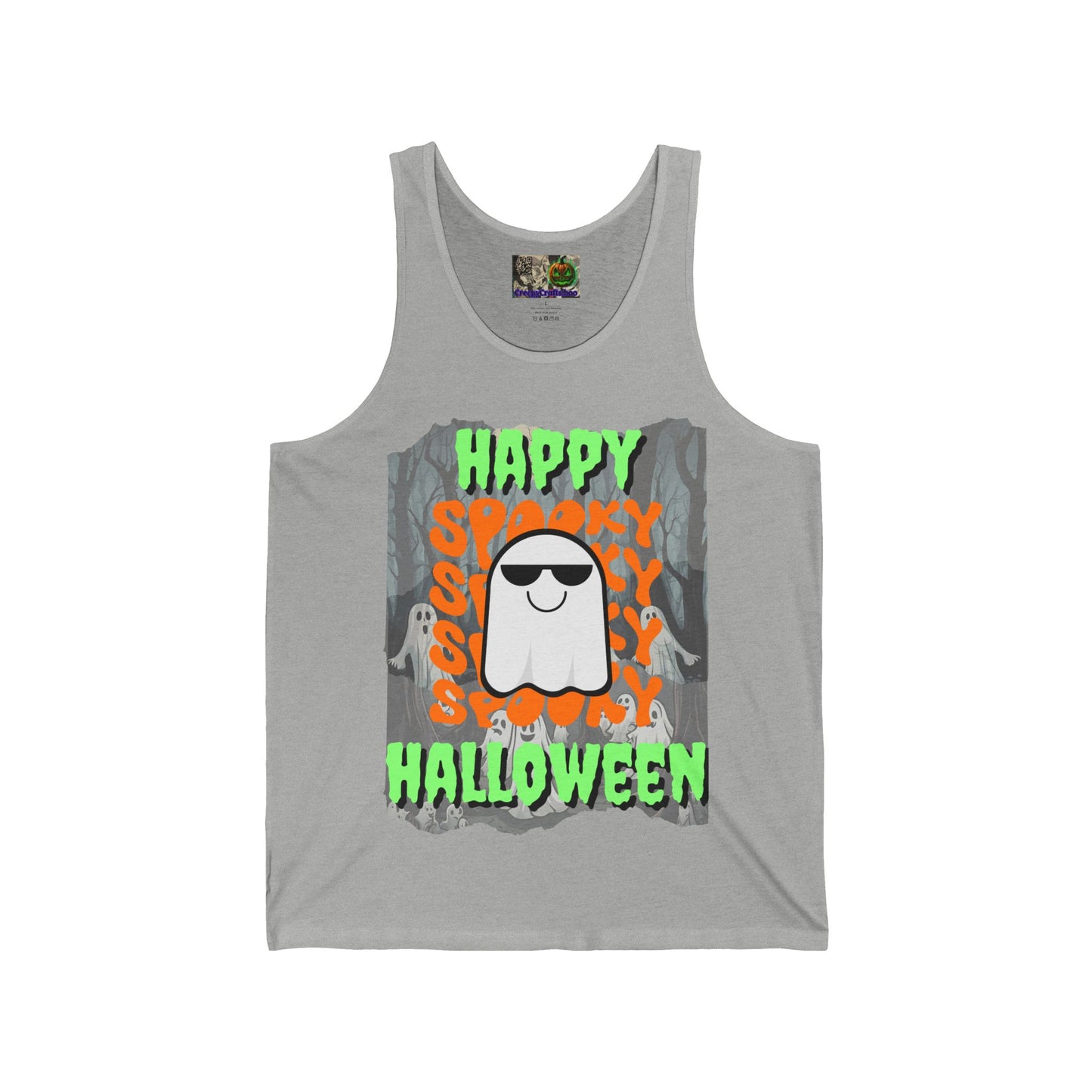 Spooky Happy Halloween Ghost Green font Unisex Jersey Tank Top by CreepyCrafts.boo