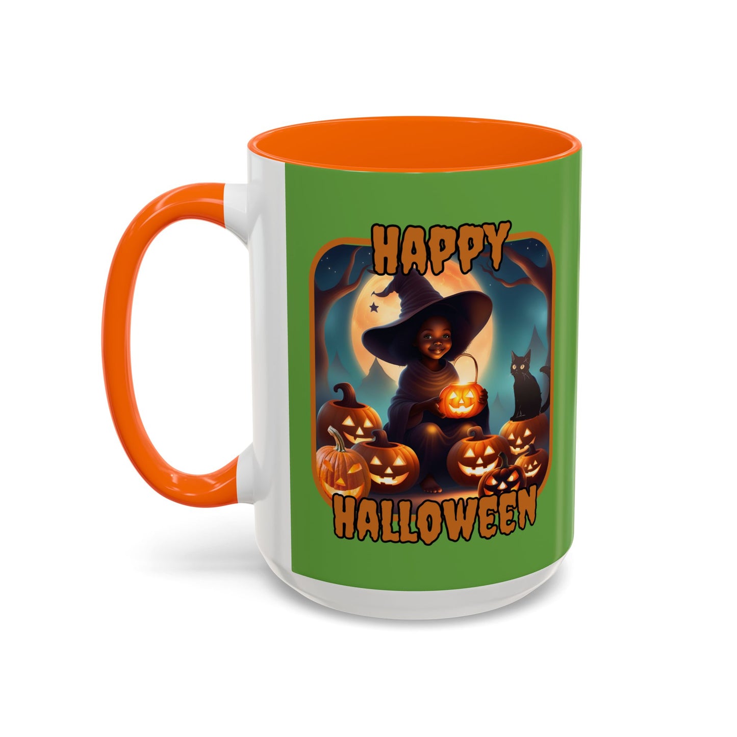 Happy Halloween Cute Witch Orange font Green Accent Mug by CreepyCrafts.boo