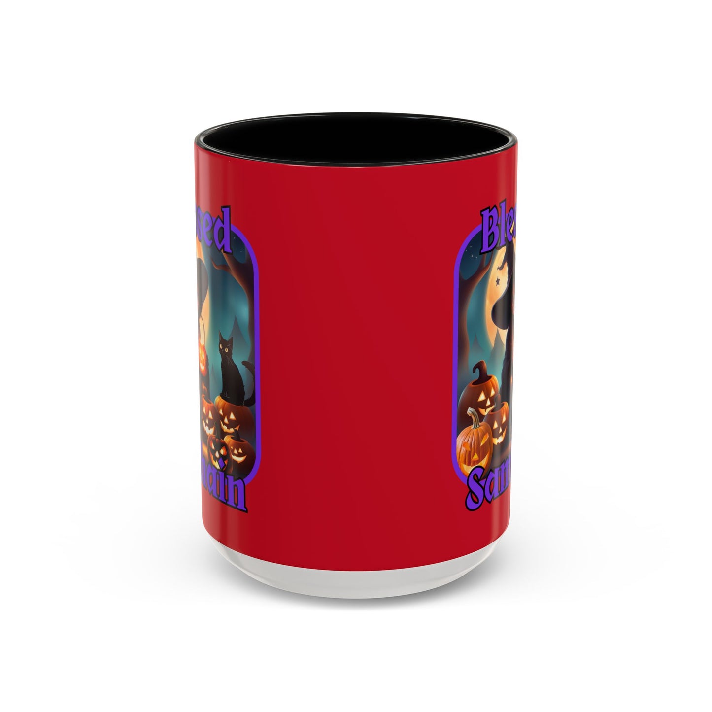Blessed Samhain Cute Witch Purple font Red Accent Mug by CreepyCrafts.boo