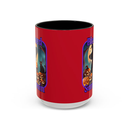 Blessed Samhain Cute Witch Purple font Red Accent Mug by CreepyCrafts.boo