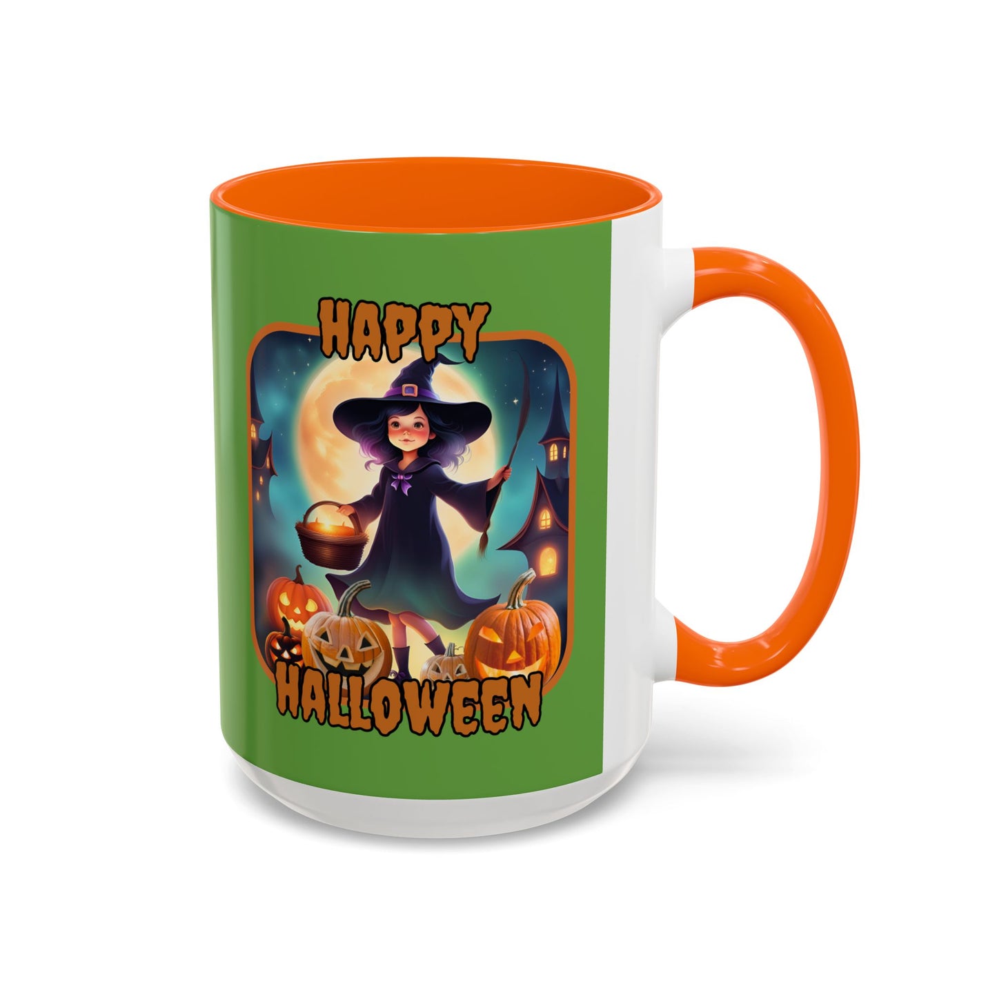 Happy Halloween Little Witch Orange font Green Accent Mug by CreepyCrafts.boo