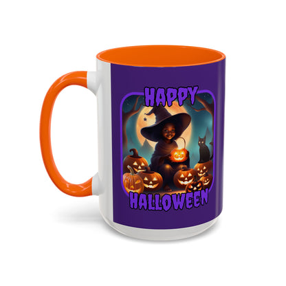 Happy Halloween Cute Witch Purple font Purple Accent Mug by CreepyCrafts.boo