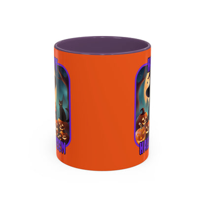 Happy Halloween Cute Witch Purple font Orange Accent Mug by CreepyCrafts.boo