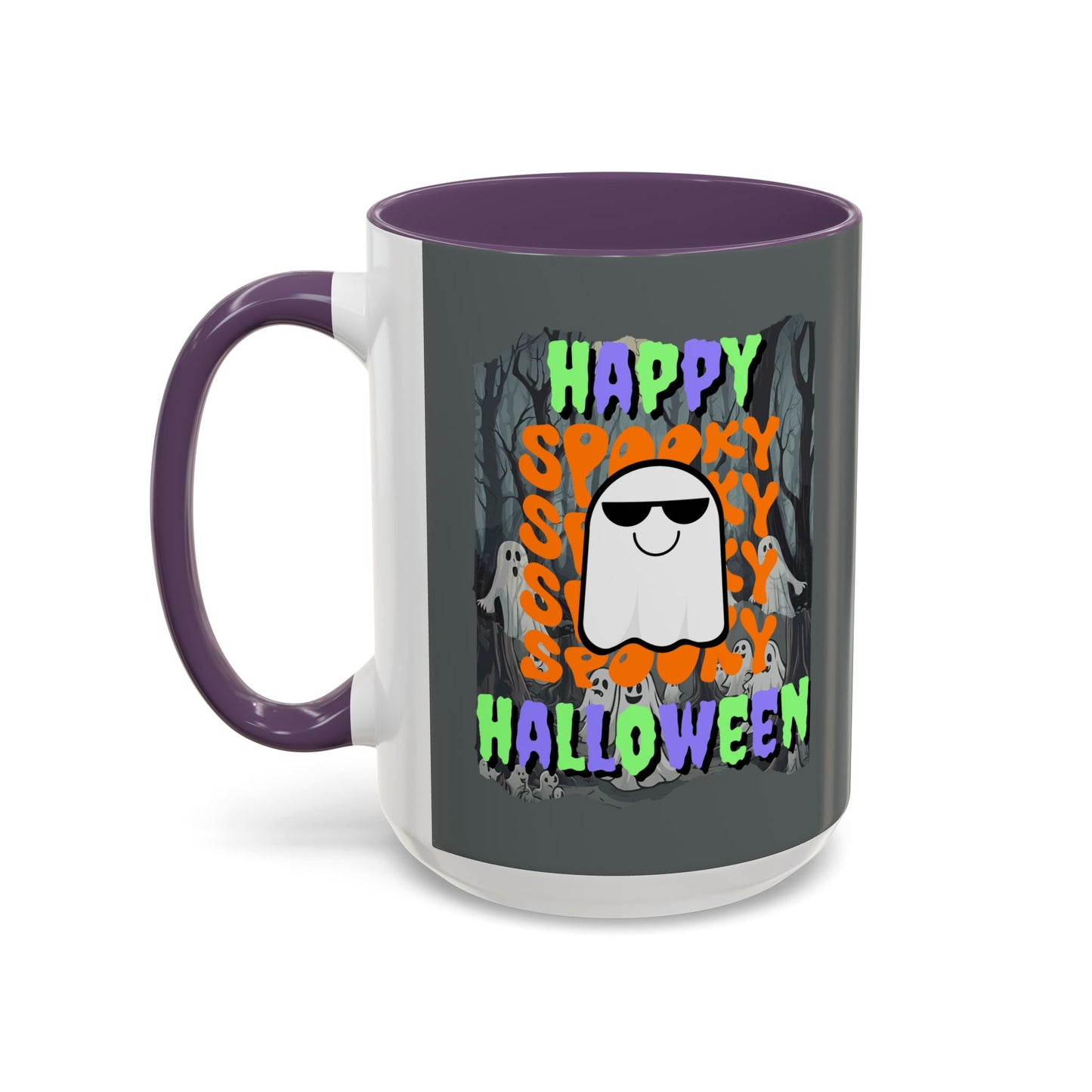 Spooky Happy Halloween Ghost Mixed font Grey Accent Mug by CreepyCrafts.boo