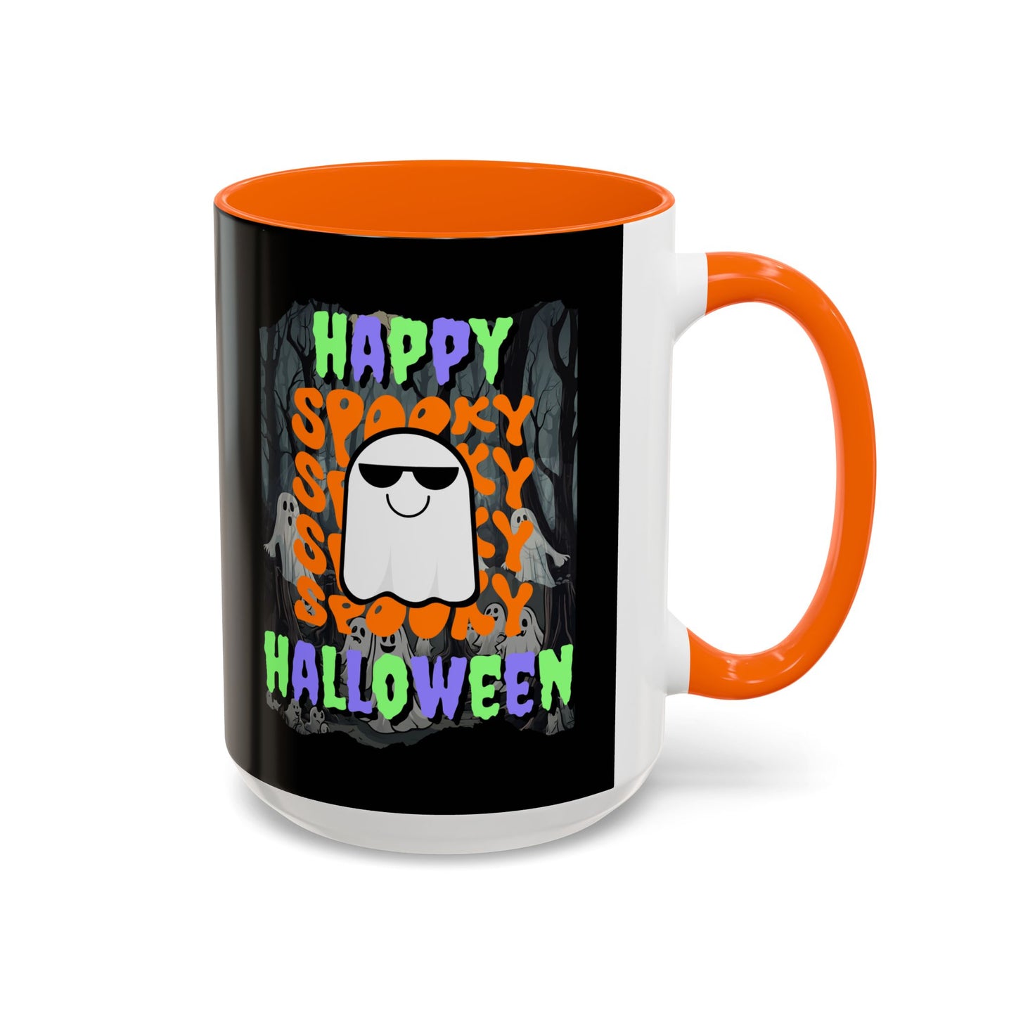 Spooky Happy Halloween Ghost Mixed font Black Accent Mug by CreepyCrafts.boo
