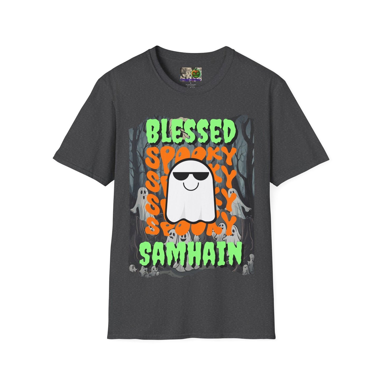 Spooky Blessed Samhain Ghost Green font Unisex T-Shirt by CreepyCrafts.boo
