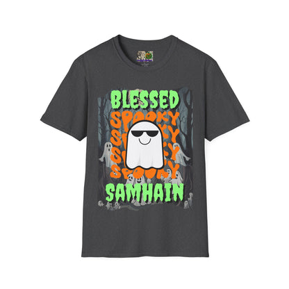 Spooky Blessed Samhain Ghost Green font Unisex T-Shirt by CreepyCrafts.boo
