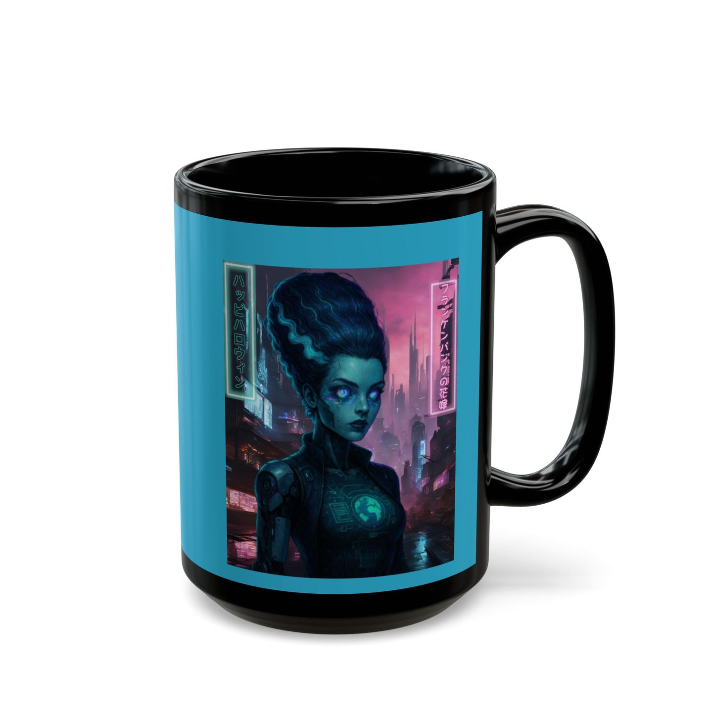 Neon Bride of Frankenstein Turquoise Mug by CreepyCrafts.boo
